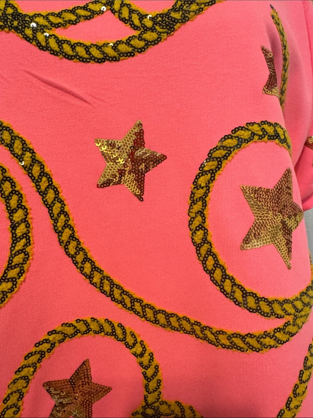 QUEEN OF SPARKLES Hot Pink Mini Dress with Gold Star & Rope Embellishments - Picture 2 of 3
